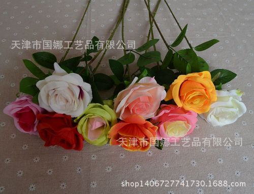 高档单头玫瑰花仿真玫瑰8色高支玫瑰花天津绢花厂家批发外贸品质